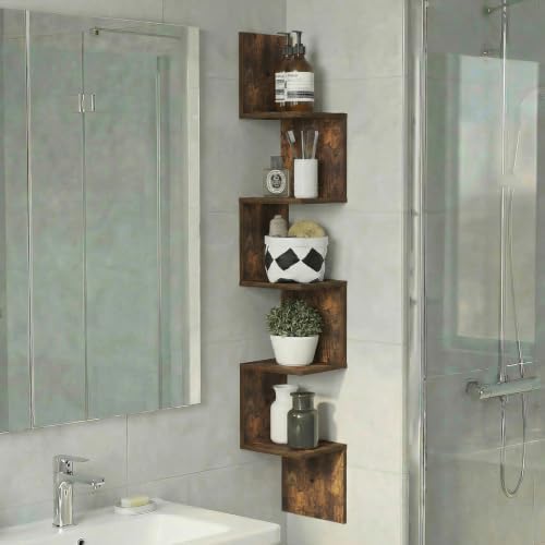 Furinno Rossi Corner Floating Shelves for Wall, 5-Tier Corner Square Wall Shelf, S-Shape Radial Floating Book Shelf, Eas