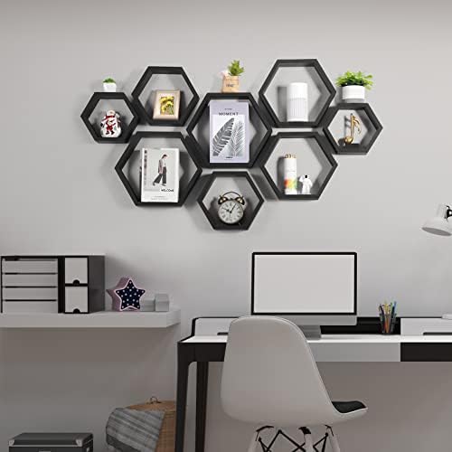 CADUKE Hexagon Floating Shelves Set of 8, Black