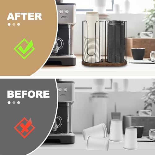 2-Compartment 18oz Coffee Cup Dispenser Rack with Wood Base, Disposable Cup, and Lid Organizer for Countertop - Perfect 