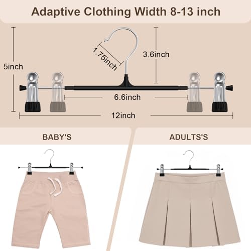 POZEAN Pants Hangers with Clips for Women 30 Pack, 12Inch Adjustable Heavy Duty Skirt Hangers, Space Saving Non-Slip Shorts Jeans Trousers Clothes Hangers, Black