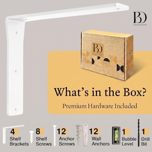 4 Pack Heavy Duty White Shelf Brackets 12 Inch by Balin Designs – Decorative L Bracket for Shelves, Metal Shelf Support 