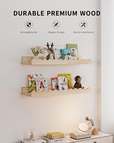 Shario Nursery Book Shelves, 4-Pack Wood Floating Shelves for Wall Kids, Scalloped Shelves, Wall Book Shelves for Bedroo