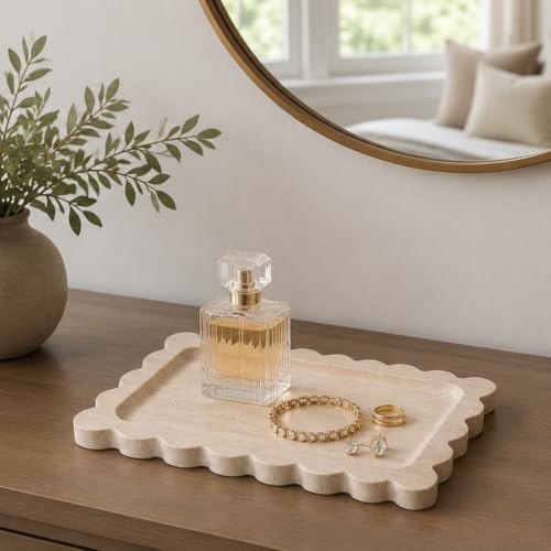 Travertine Bathroom Tray Countertop, Marble Vanity Tray for Home Decorative Dresser Organizer, Marble Scalloped Tray for