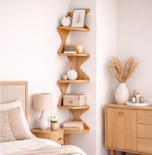 Zigzag Corner Shelf, Wood Corner Wall Shelf, 5 Tier Floating Corner Shelves for Small Space Storage, Corner Bookcase for