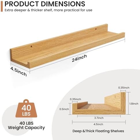 Fun Memories Picture Ledge Shelves Set of 2, 24 Inch Rustic Wall Mounted Floating Shelves with Lip for Home Storage and 