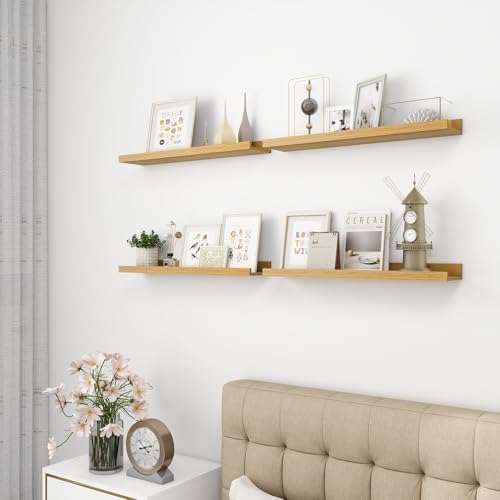 Acovy Picture Ledge Shelf, Wood Floating Shelves Set of 4, 24 inch Picture Ledge Shelves, Photo Ledge Nursery Book Shelves Wall Mounted for Living Room Kids' Room Bedroom, Color Oak
