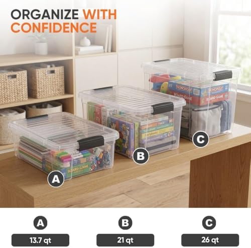 Superio 13.7 Quart Clear Plastic Storage Bin with Lid, Stackable Organizer Box, BPA-Free Storage Container for Home, Gar