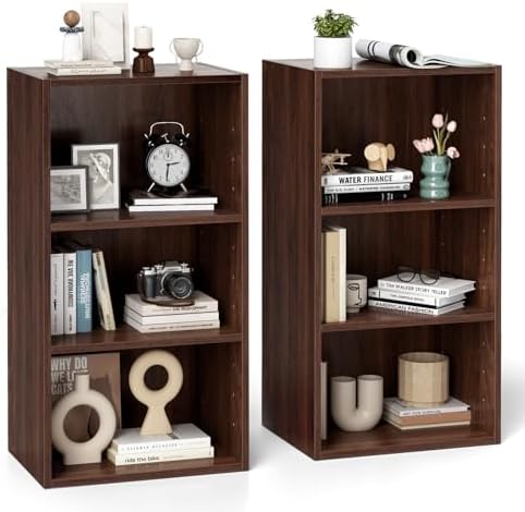 GOFLAME 3 Tier Small Open Bookshelf Set of 2, Short Bookcase with 2 Adjustable Shelves, Multifunctional Storage Cabinet,