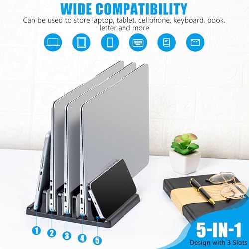 Ryvlan Vertical Laptop Stand, 3 Slot Adjustable Laptop Storage Rack and Desk Organizer, Silicone-Padded Holder for Multi