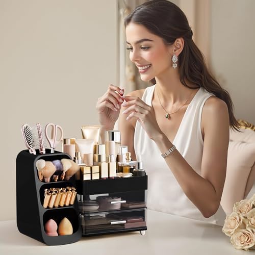 HBlife Cologne Organizer for Men Makeup Organizer with Brush Holder for Vanity, Large Plastic Bathroom Countertop Organi