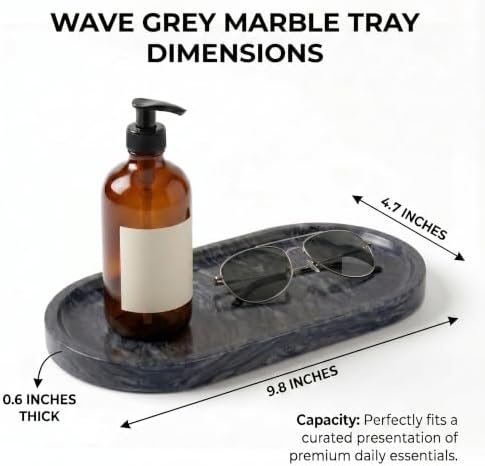 YKAJO Wave Grey Oval Marble Tray, 9.8x4.7 Vanity Perfume Organizer Dish