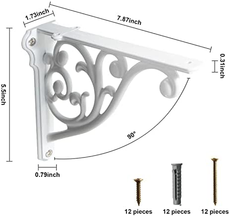 Shelf Brackets 8 Inch 4PCS Heavy Duty White Wall Bracket Baroque Kitchen Decorative Rack Shelves, Including All Hardware