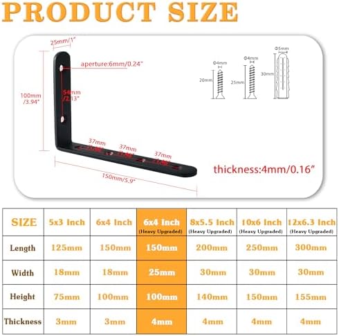 Alise 4mm Thick L Bracket for Shelves,6x4 Inch Shelf Brackets Black,4 Pcs