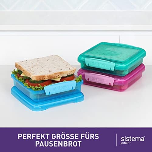 Sistema 3-Piece Sandwhich Containers for Lunch Boxes and Meal Prep, Dishwasher Safe, 1.9-Cup, Blue/Green/Pink