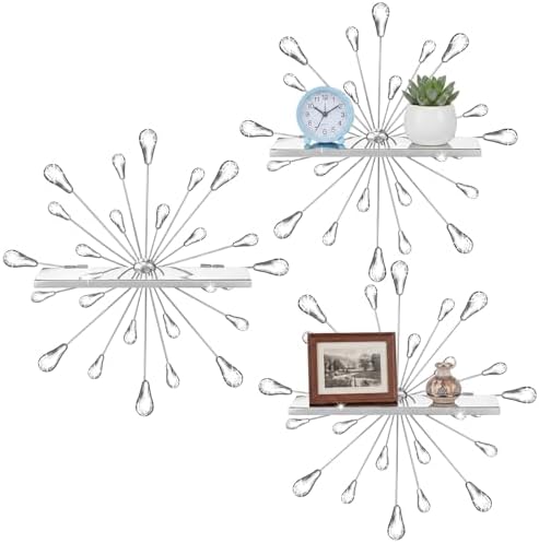 Yaocom Set of 3 Crystal Floating Wall Shelves, Silver Teardrop Metal Wall Mount Storage Shelf, Decorative Floating Displ