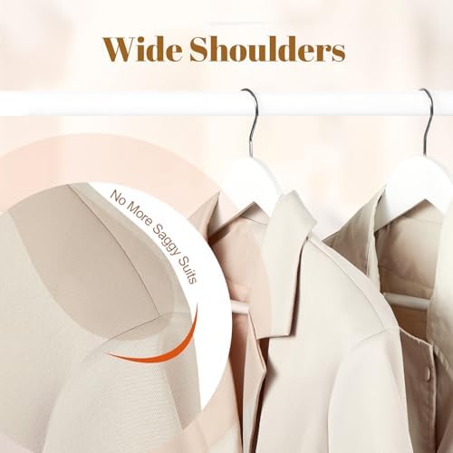 HOUSE DAY Wooden Suit Hangers 6 Pack，Heavy Duty Wide Shoulder Hangers, Solid Wood Coat Hanger with Non-Slip Pant Bar for Petite Adults, Teens and Small Suits, Coats, Jackets (White, 16.5‘’)