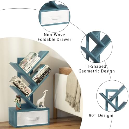 SHEEPAM 4-Tier Tree Bookshelf Small Bookcase with Drawer