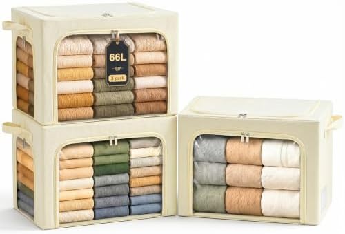 GoMaihe Clothes Storage Bins with Metal Frame for Blanket 3 Pack 66L Beige