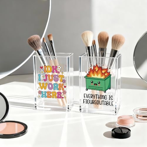 Funny Dumpster Fire Work 2 Pack Acrylic Cosmetic Pencil Pen Holder Cup, Cute Office Pen Holder for Desk, Funny Work Burnout Gifts for Coworker Friend, Mental Health Gifts for Women Boss Teacher