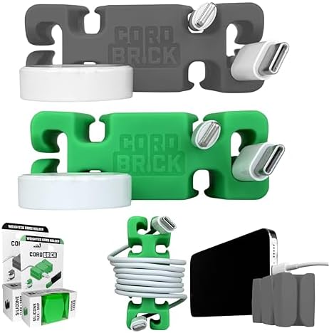 CordBrick 2PK Silicone + Steel Weighted Cord Holders for Nighstand, Cable Wraps for Travel, iPhone Accessories, Small Gr