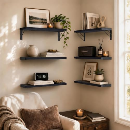 BAYKA Wall Mounted Black Floating Shelves for Wall (Set of 6, 16" Uniform)
