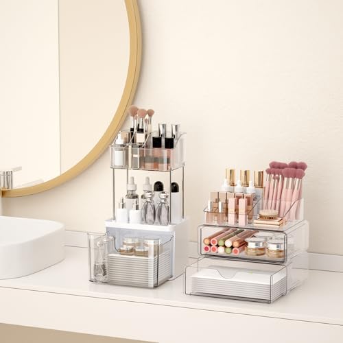 Bathroom Counter Organizer Clear - 3Pcs Stackable Makeup Countertop Organizer for Vanity - Multi-Purpose Skin Care Lipst