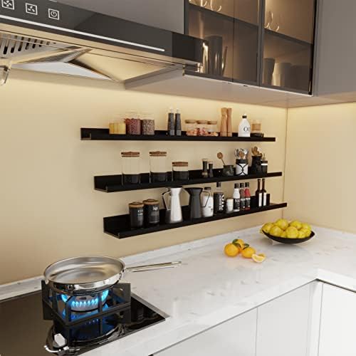 Giftgarden 47 Inch Black Floating Shelves Ledge, Wall Mount Long Picture Rail Large Woodgrain Photo Shelving for Living 