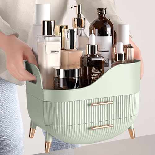 Pajiriona Makeup Organizer with Drawers, Green Skincare Organizer for Vanity, Storage Box with Handle, Large Cosmetic Di