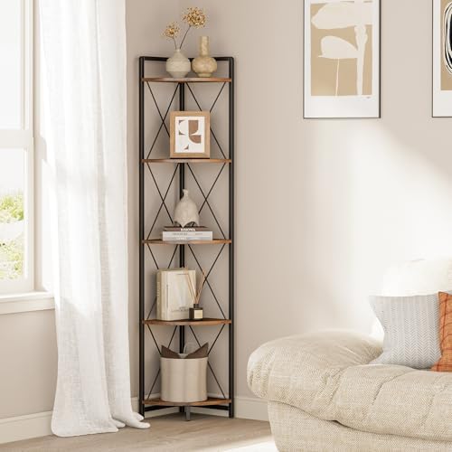 5 Tier Corner Shelf Stand, 64" H Tall Corner Bookshelf, Rustic Brown