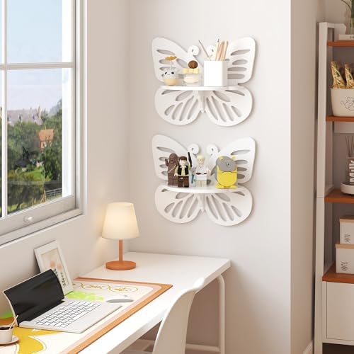 White Butterfly Shelves 2 Tier - Nursery Wall Deor Floating Shelf, Cute Wall Display Rack for Kid’s Room, Small Decorati