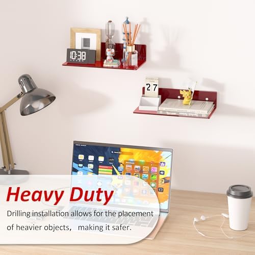 Sezanrpt 12 Inches Red Small Wall Shelves, Acrylic Bathroom Floating Shelves for Living Room, Bathroom, Bedroom, 2 Pack