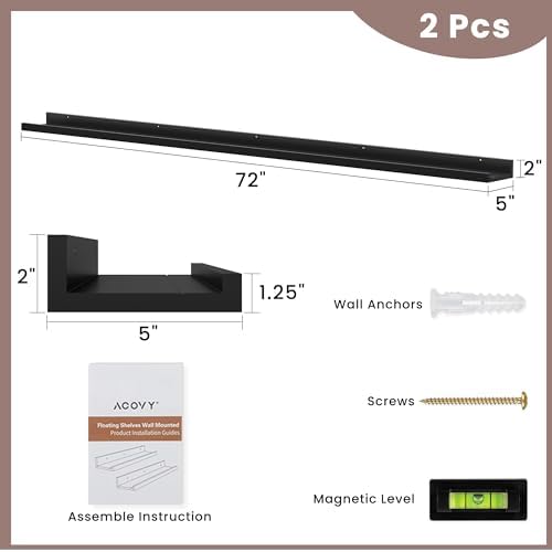 Acovy Long Floating Shelves for Wall, 72 inch Solid Wood Picture Ledge Shelf, Picture Shelf for Wall with Ledge, Floating Book Shelves for Living Room Bedroom Kitchen Nursery Decor, Black, Set of 2