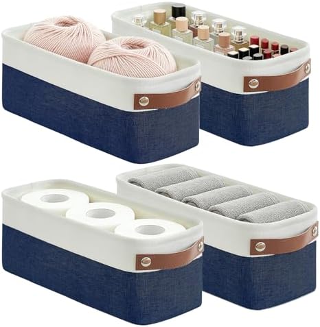 Bagnizer Small Fabric Storage Baskets, 15x6x5 inch Narrow Storage Bins 4-Pack Long Storage Basket for Organizing with Ha