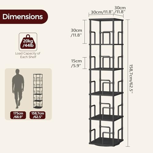 MAHANCRIS 5-Tier Rotating Bookshelf, Freestanding Corner Bookshelf, 360° Spinning Bookcase, Industrial Style Storage Rac