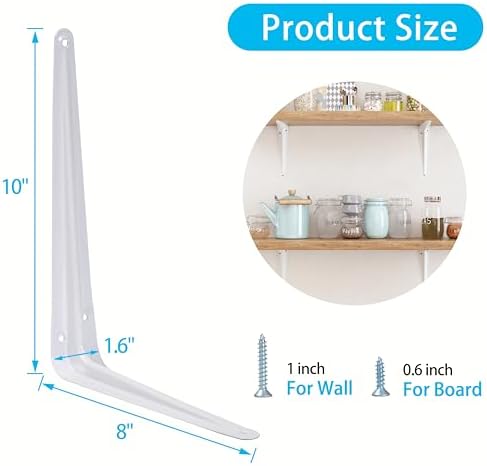 20 Pack Shelf Brackets 10 Inch, White Metal Brackets for Shelves, L Shape Shelving Brackets (White, 10" x 8")