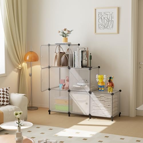 6Cube Storage Organizer Modular Stackable with Doors Striped White