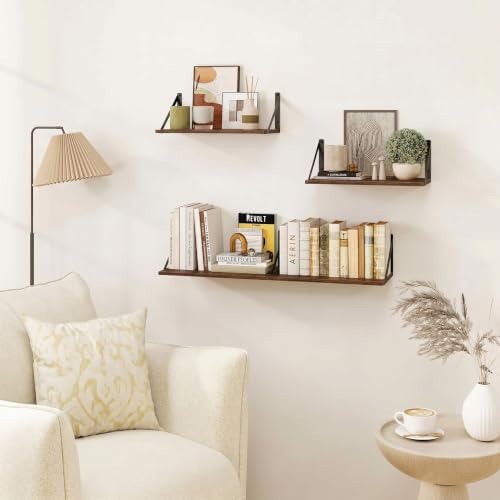 Heimlove Black Deep Floating Shelves for Wall, 15.75W x 8D Wood Wall Shelves Set of 2, Wide Floating Bookshelf for Livin