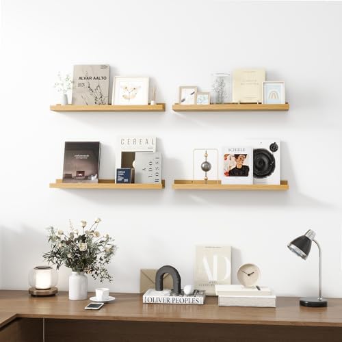 Acovy Picture Ledge Shelf, Wood Floating Shelves Set of 4, 24 inch Picture Ledge Shelves, Photo Ledge Nursery Book Shelves Wall Mounted for Living Room Kids' Room Bedroom, Color Oak