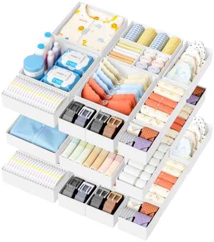 DIMJ Drawer Organizer Clothes Storage - 18 Pack Baby Dresser Organizer for Nursery, Foldable Closet Drawer Organizer Bins for Bedroom Organization, Fabric Storage Dividers for Socks, Underwears, White