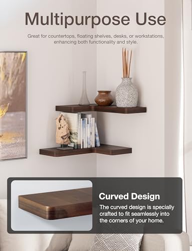 BATODA Acacia Wood Corner Floating Shelf 17” x 12”- Corner Shelf Wall Mounted - Floating Book Shelves for Wall - Corner 