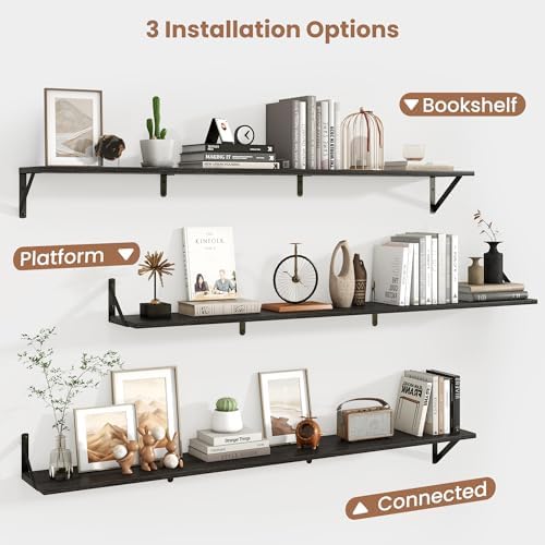 Axeman 55 Inch Floating Shelves, 8 Inch Deep Black Wall Shelves Set of 2
