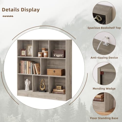 YAHARBO 3 Tier 8 Cube Horizontal Bookshelf, Low Bookcase for Sleves,Grey
