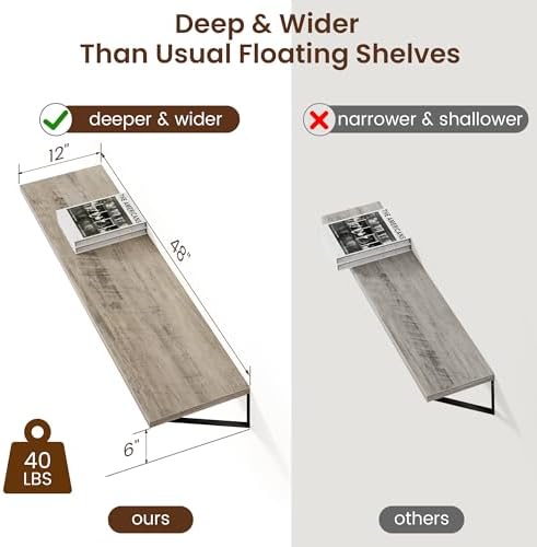 Axeman 12 Inch Deep Floating Shelves for Wall - 48 Inch Wide x 12 Inch Deep Wall Shelves Set of 2 - Rustic Grey Wood Flo