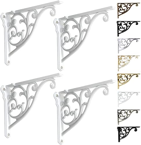 Shelf Brackets 8 Inch 4PCS Heavy Duty White Wall Bracket Baroque Kitchen Decorative Rack Shelves, Including All Hardware