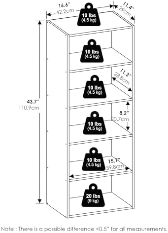 5-Tier Bookcase, Bookshelf with Open Shelf, Cube Storage Organizer Book Shelf, 11 x 17 x 44, for Bedroom, Home Office, L