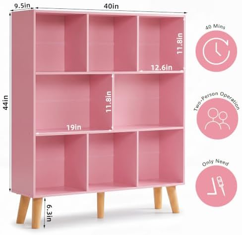 YAHARBO 8 Cube Bookshelf,3 Tier Bookcase with Legs,Light Pink Mid-Century Modern Bookshelves,Large Free Standing Open St