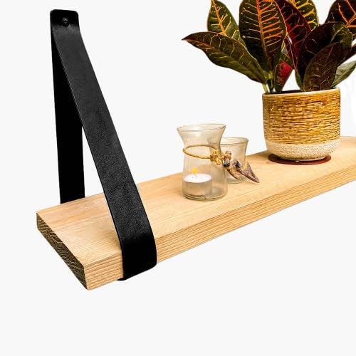 Brute Strength - PU Leather Shelf Brackets - Black - 6 Pieces - Floating Shelf Set - Wall Brackets - Shelf Straps - Faux