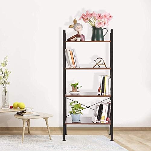 Houssem 4 Tier Ladder Bookshelf Industrial Bookcase Wood Shelves with Metal Frame Unit Display Shelving Rack Storage Org