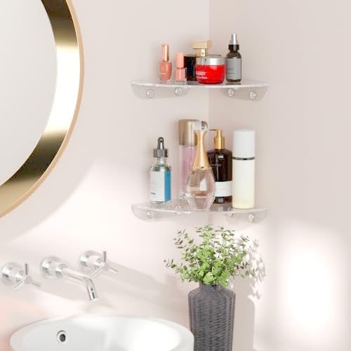 Sezanrpt 7x7 Inch Corner Shelf Wall Mount Set of 2, Acrylic Corner Floating Shelves, Clear Corner Wall Organizer Shelf f