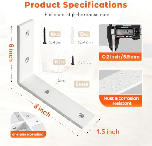 Shelf Bracket 8 Pack 8" Lx8 H 5mm Thick Heavy Duty White L Brackets